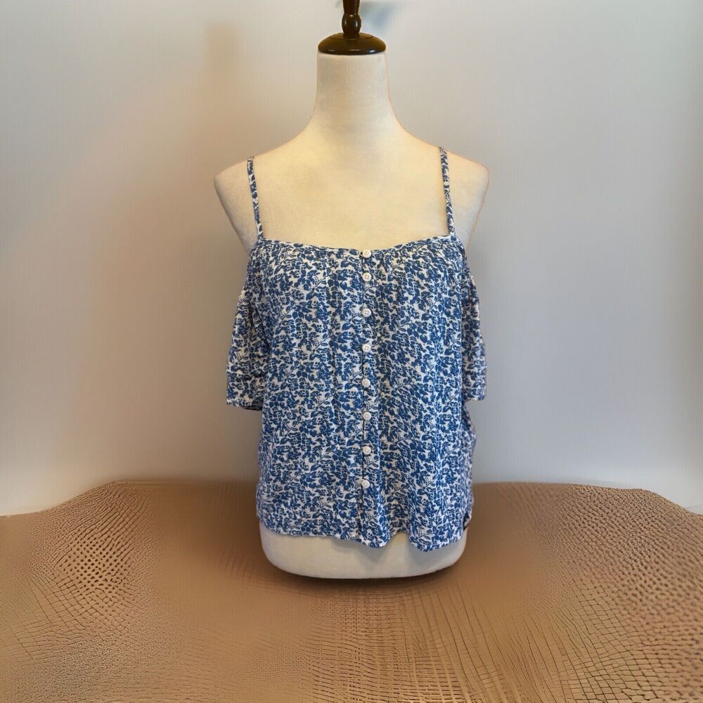 Superdry Top Womens S Small Blue Floral Cold Shoulder Tank Viscose Spaghetti